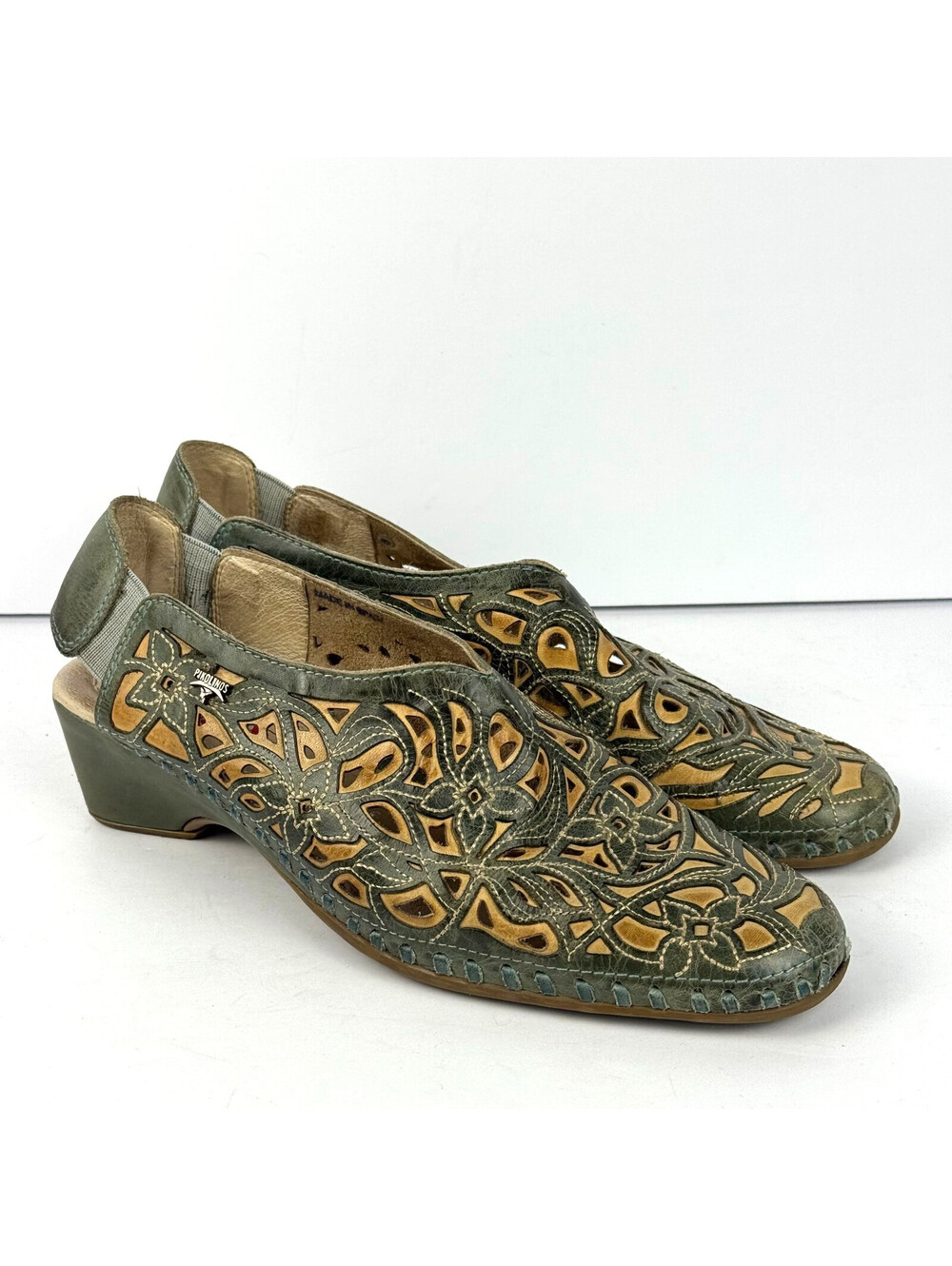 Pikolinos Romana Womens Size 37 Sling Back Wedge Sandals Green Tan Leather